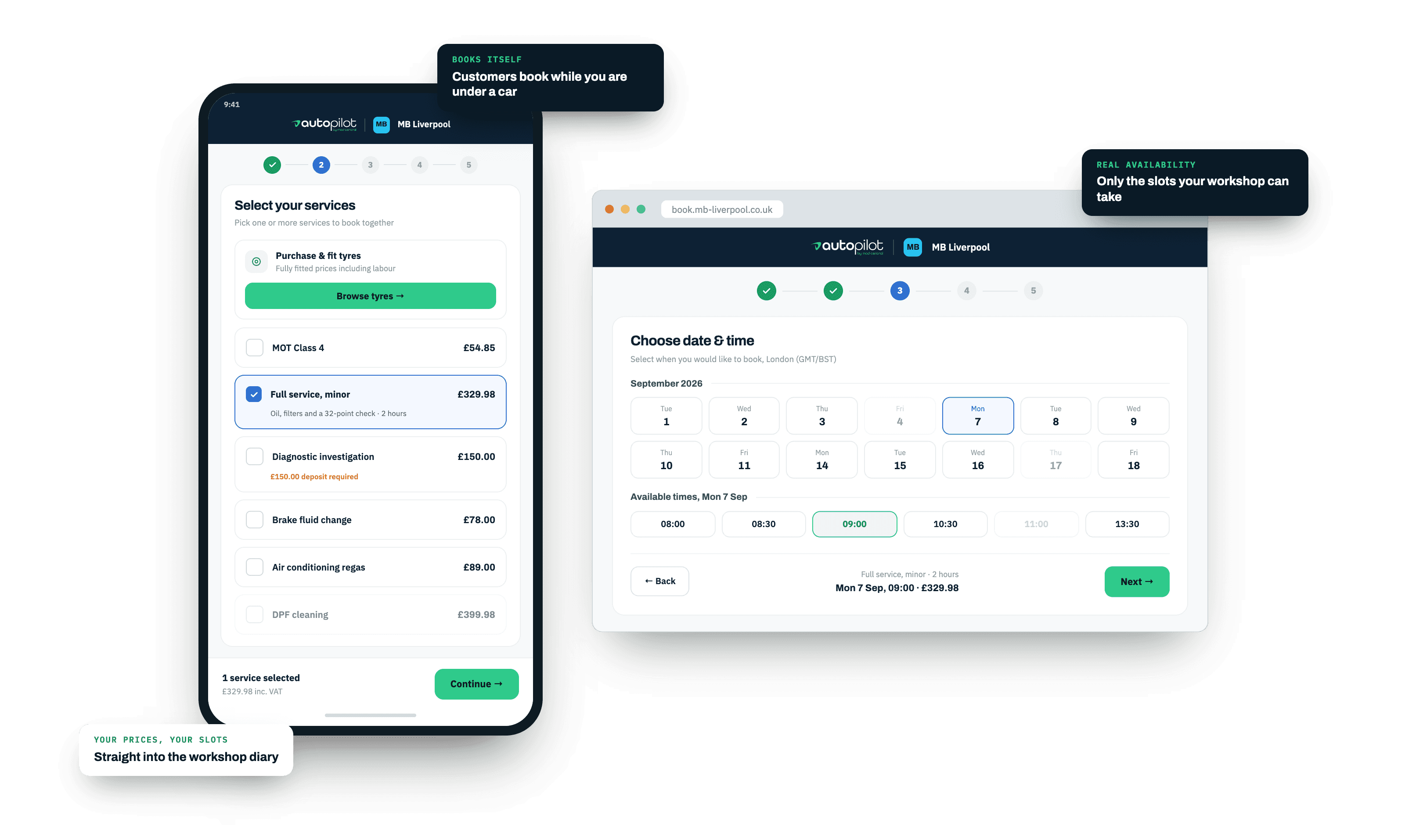 Online booking flow shown on phone and desktop, letting customers book a slot directly